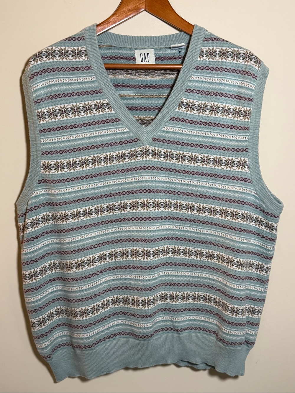 Vtg Gap Sweater Vest XL Fair Isle V Neck Blue Cotton Vintage Grandpa Core 90’s